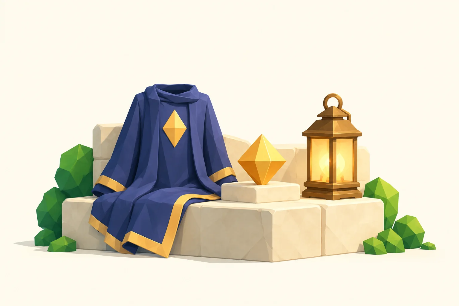 Concept illustration of an indigo cloak, a gold keepsake and a lantern